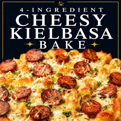 4-Ingredient Cheesy Kielbasa Bake made with smoked kielbasa, cheesy potatoes, and melted cheddar cheese baked until golden.