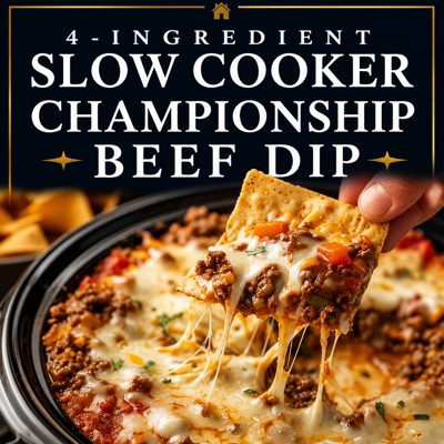 4-Ingredient Slow Cooker Championship Beef Dip topped with melted cheese and served with crackers for dipping.