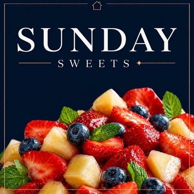 Cheesecake fruit salad with fresh strawberries, blueberries, pineapple, and mint leaves.