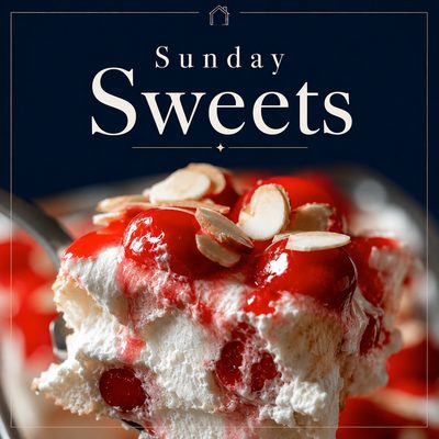 Heaven on Earth Cake layered with angel food cake, cherry pie filling, whipped topping, and sliced almonds.
