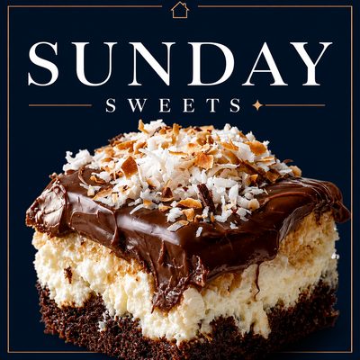 Mounds poke cake topped with creamy coconut filling, chocolate frosting, and toasted coconut flakes.