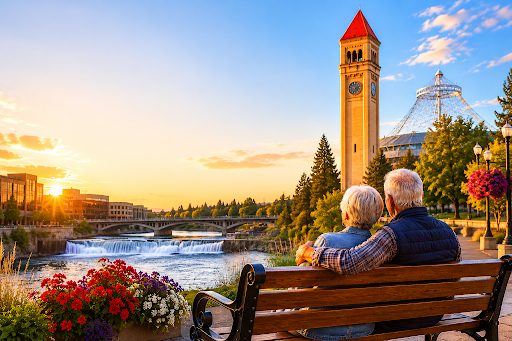 Senior couple enjoying sunset views of Spokane Falls and the Riverfront Park Clock Tower in Spokane, Washington.