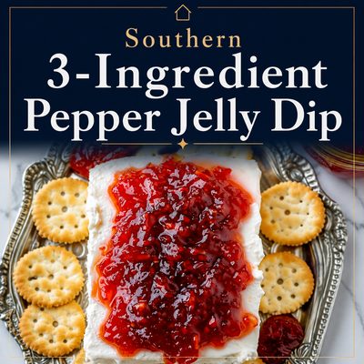 3-ingredient pepper jelly dip made with cream cheese and red pepper jelly served with crackers on a platter