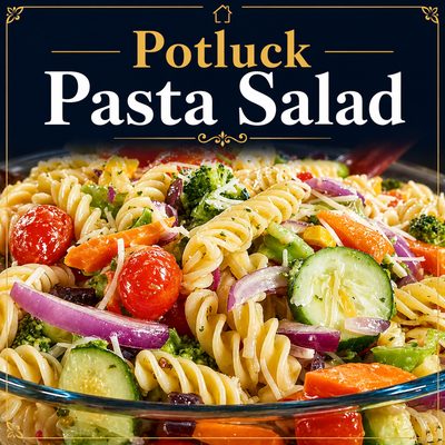 Potluck pasta salad recipe made with rotini pasta, cherry tomatoes, cucumbers, red onion, and Italian dressing in a large serving bowl
