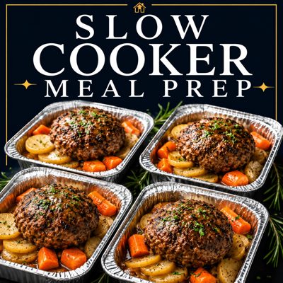 Slow Cooker 4-Ingredient Dinner with seasoned beef patties, potatoes, and carrots cooked in individual foil trays.