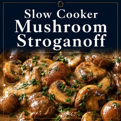 Slow Cooker Mushroom Stroganoff with tender baby bella mushrooms in a creamy savory sauce topped with fresh parsley.