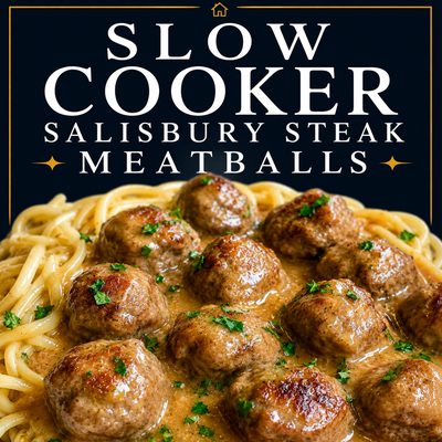 Slow Cooker Salisbury Steak Meatballs served over noodles with rich gravy and fresh parsley.