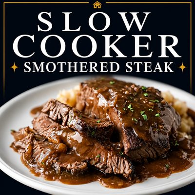 Slow cooker smothered steak served with rich brown gravy over tender beef and mashed potatoes on a white plate