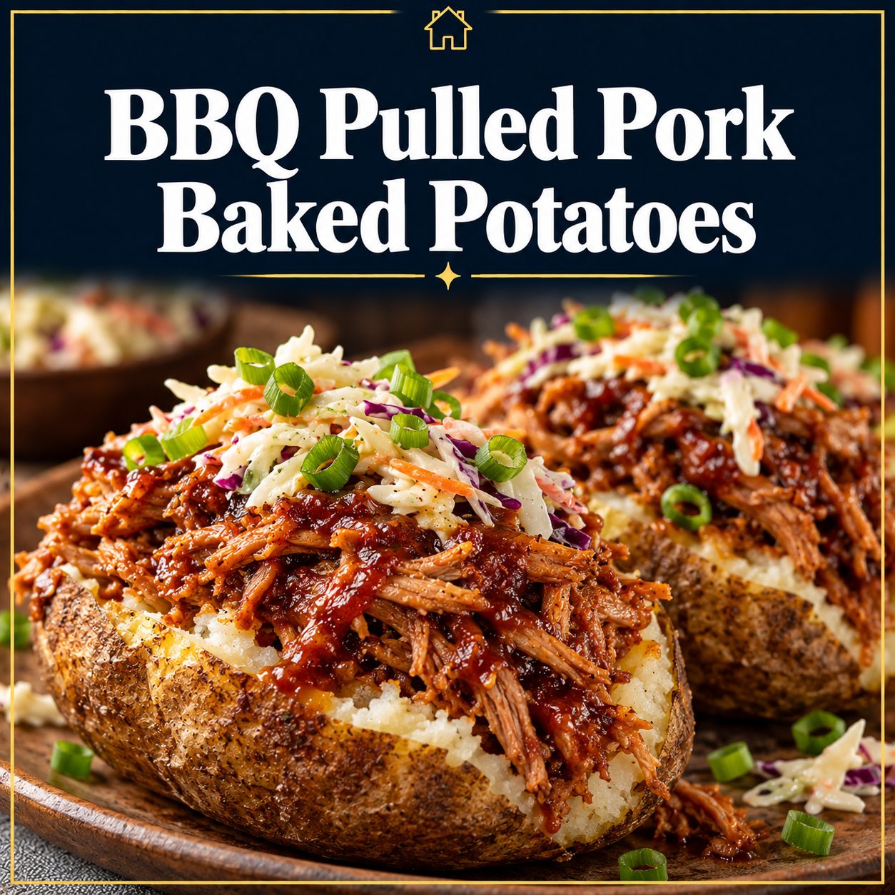Two baked potatoes filled with BBQ pulled pork and topped with coleslaw and sliced green onions, beneath the recipe title on a navy and gold graphic.