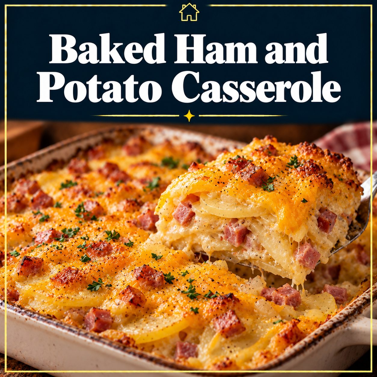 Baked Ham and Potato Casserole with layers of sliced potatoes, diced ham, and melted cheddar in a baking dish, shown on a navy and gold recipe graphic.