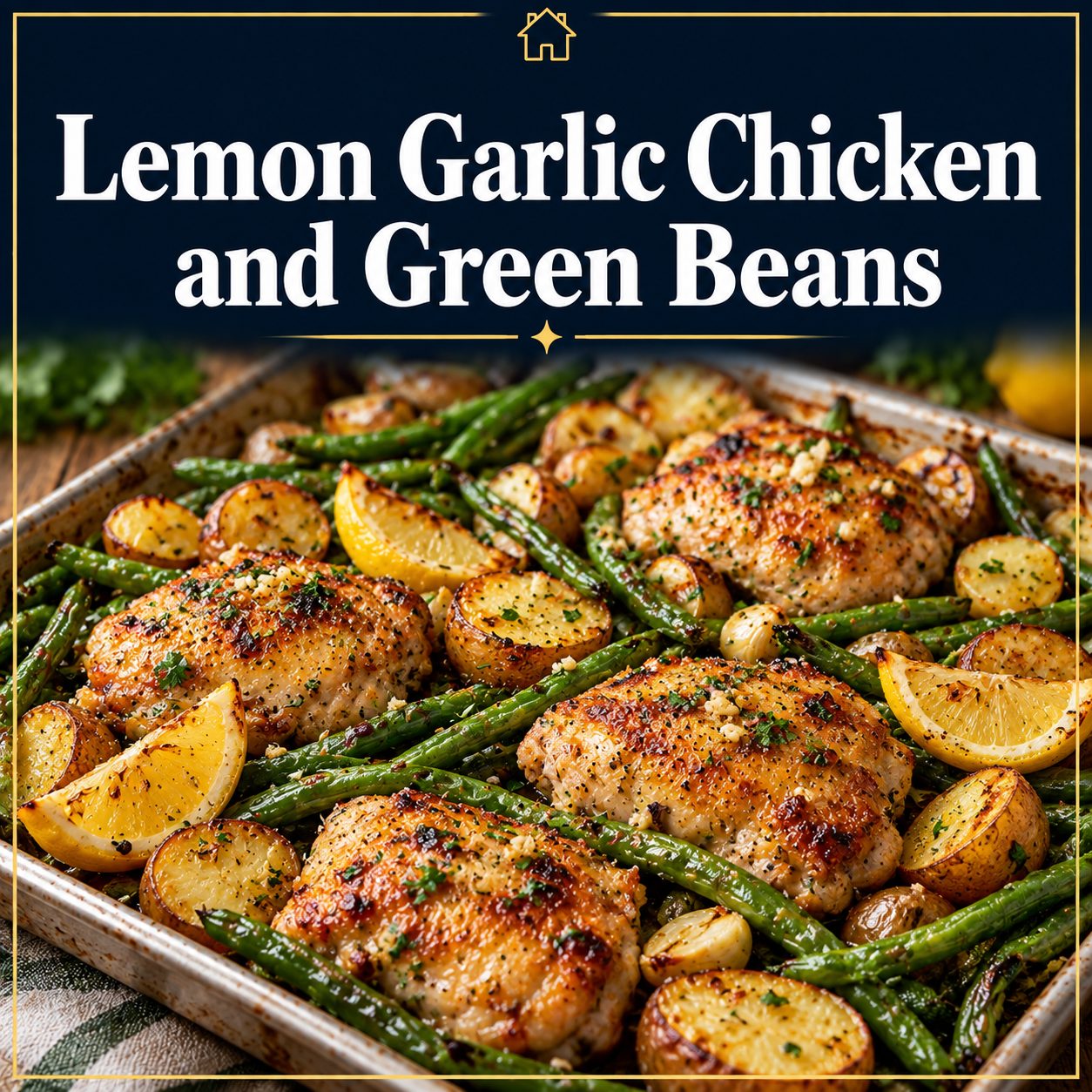 Graphic showing roasted lemon garlic chicken thighs, baby potatoes, and green beans on a sheet pan, with the recipe title above the food.