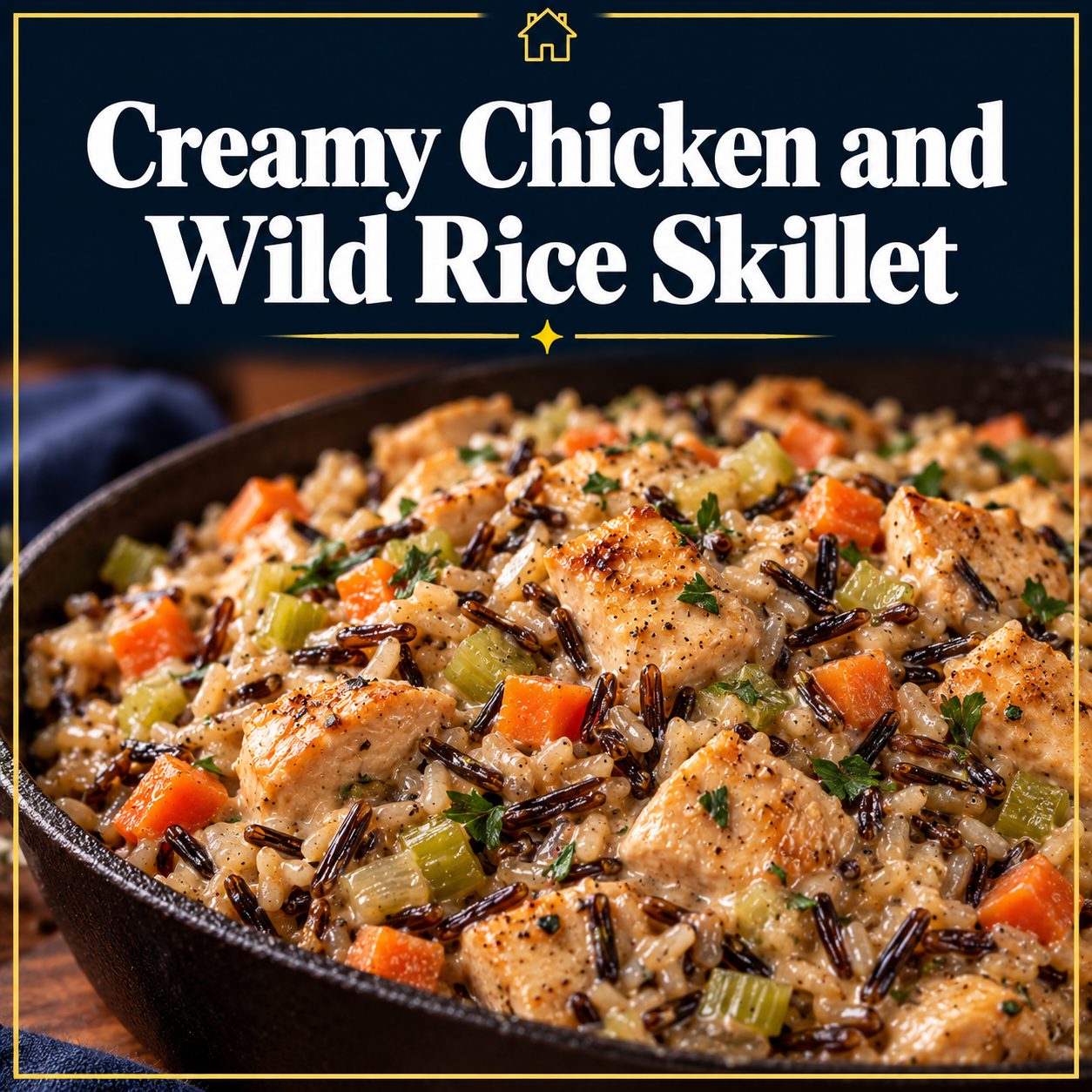 Creamy chicken and wild rice with diced carrots and celery in a skillet, beneath the recipe title on a navy and gold graphic.