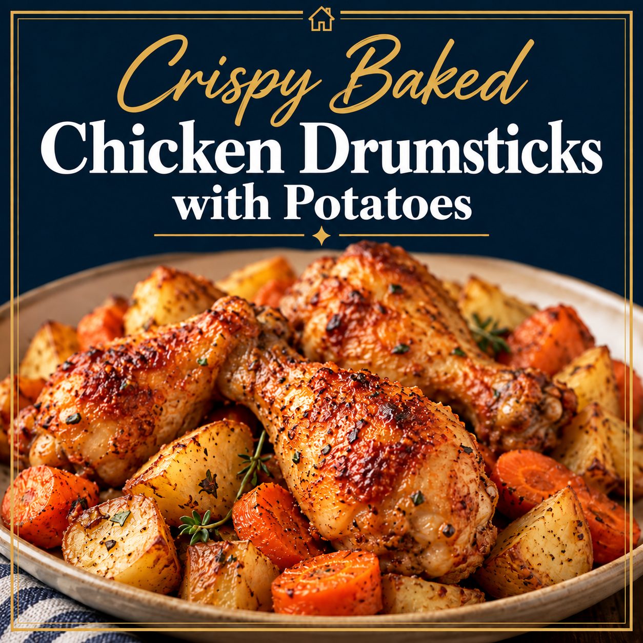Crispy baked chicken drumsticks served with golden roasted potatoes and carrots on a platter.
