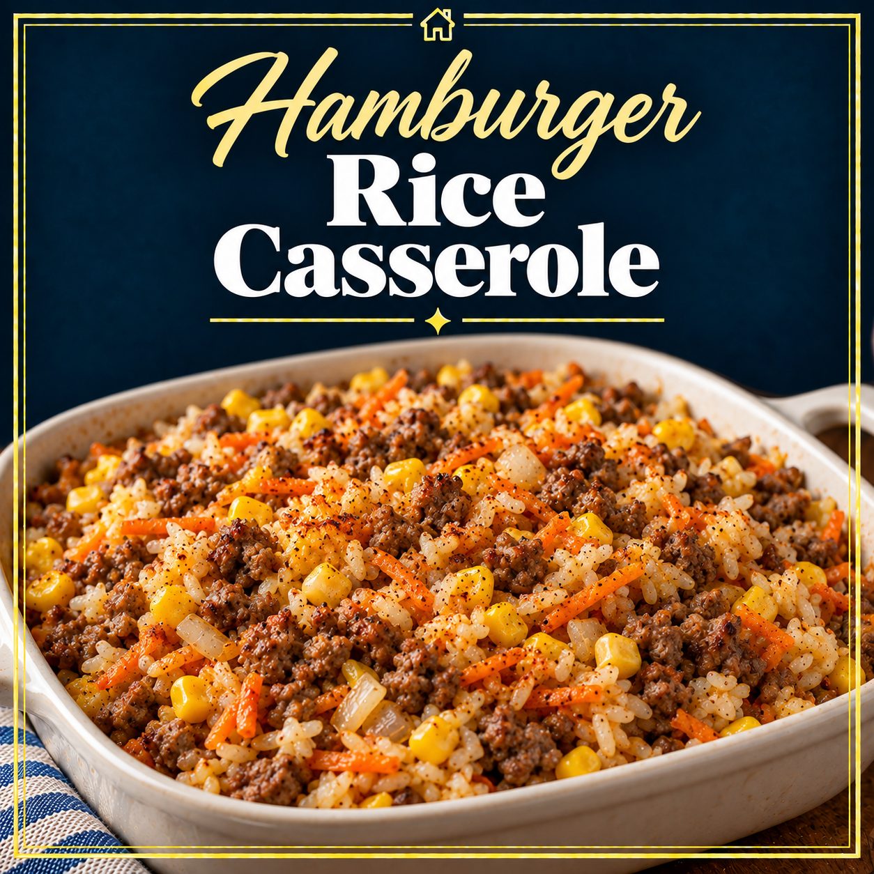 Hamburger rice casserole with seasoned ground beef, rice, carrots and corn in a baking dish.