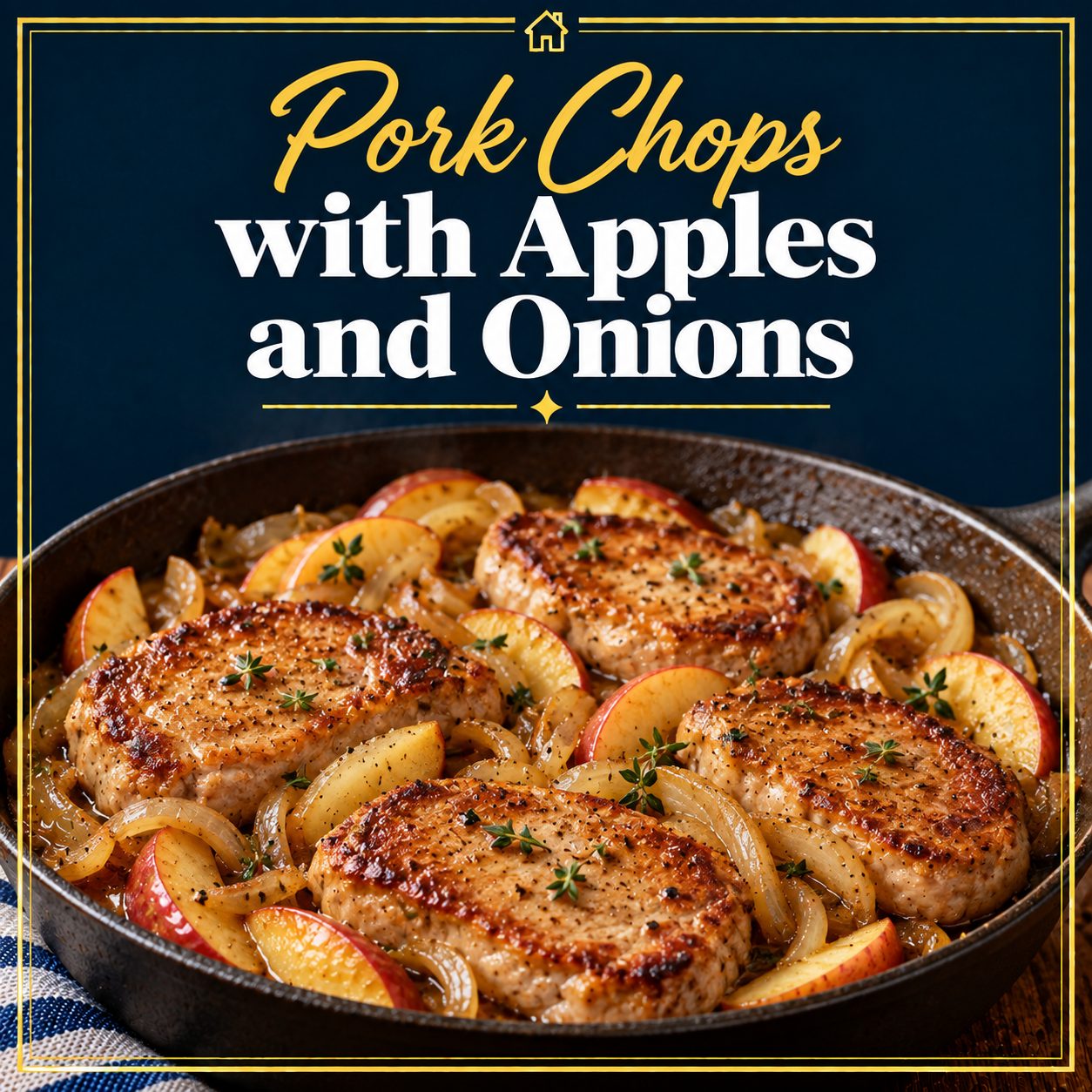 Golden-brown pork chops served with tender sliced apples and caramelized onions in a skillet.