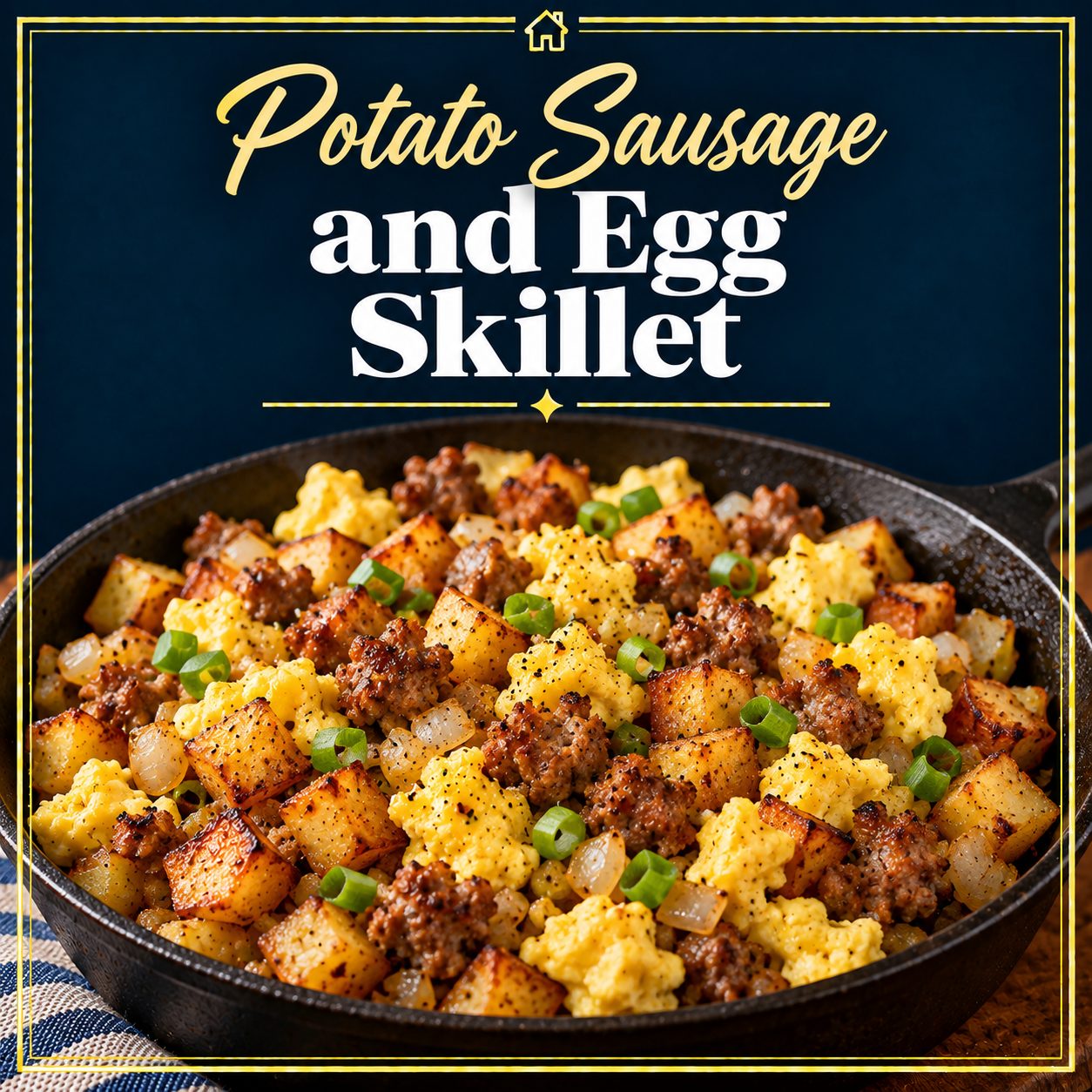 Potato, sausage and egg skillet with golden diced potatoes, scrambled eggs, breakfast sausage and onions.