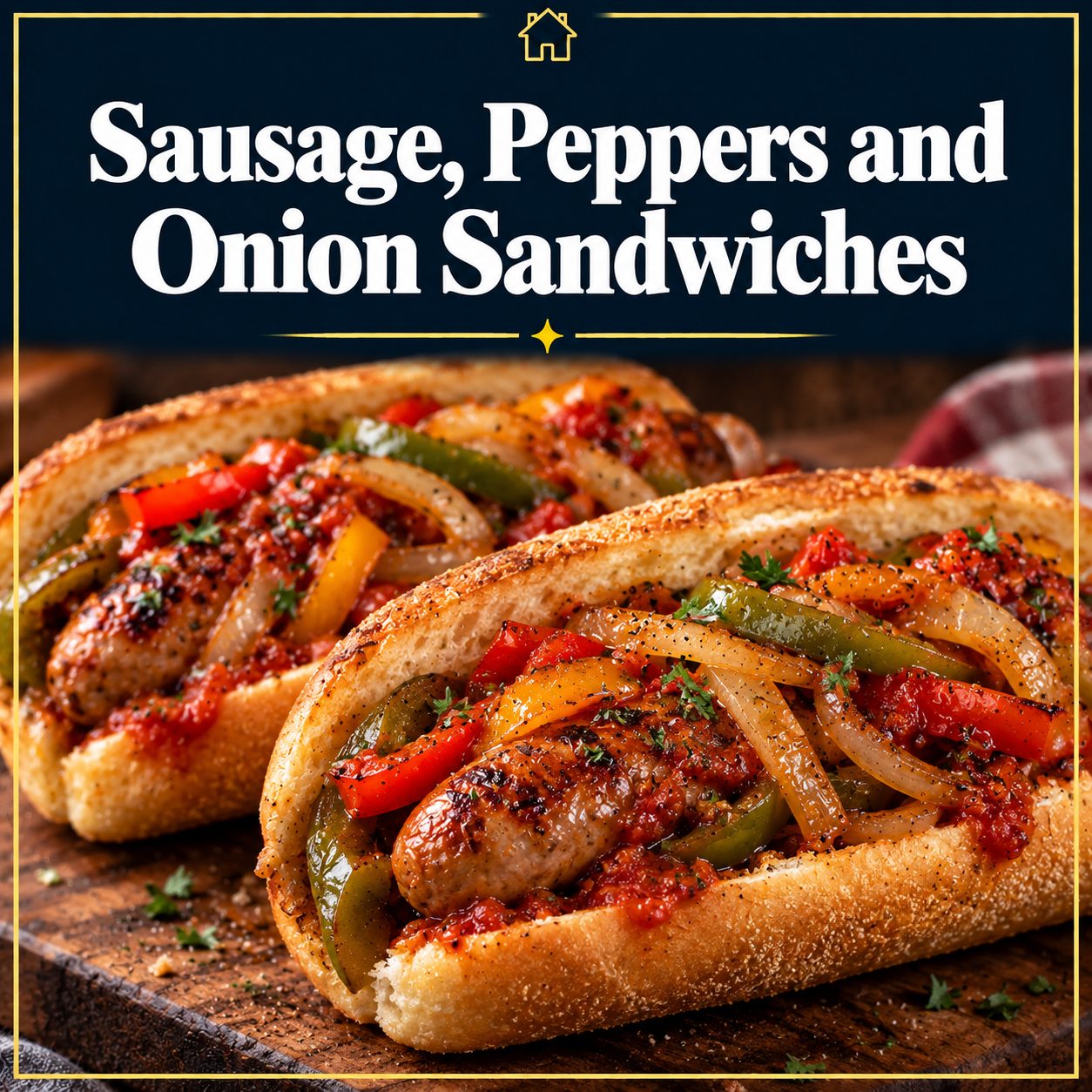 Italian sausage sandwiches with sautéed bell peppers, onions, and marinara in toasted hoagie rolls, featured on a Sausage, Peppers and Onion Sandwiches recipe graphic.