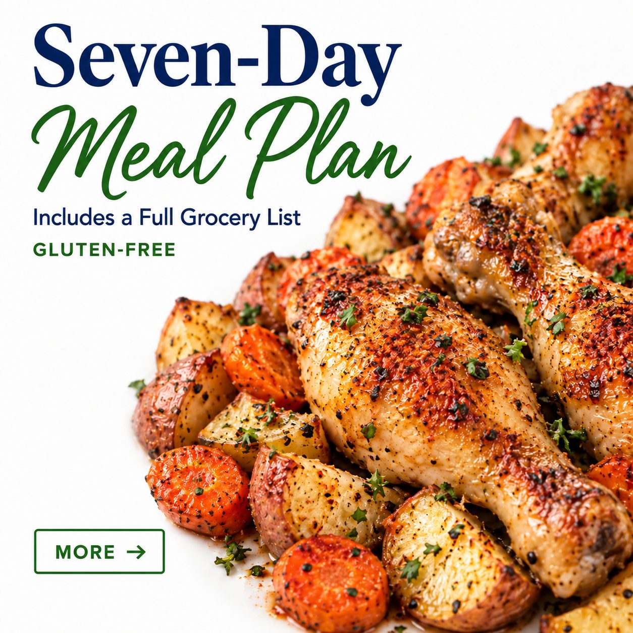 Seven-day family meal plan featuring crispy baked chicken drumsticks with roasted potatoes and carrots, including a full grocery list.