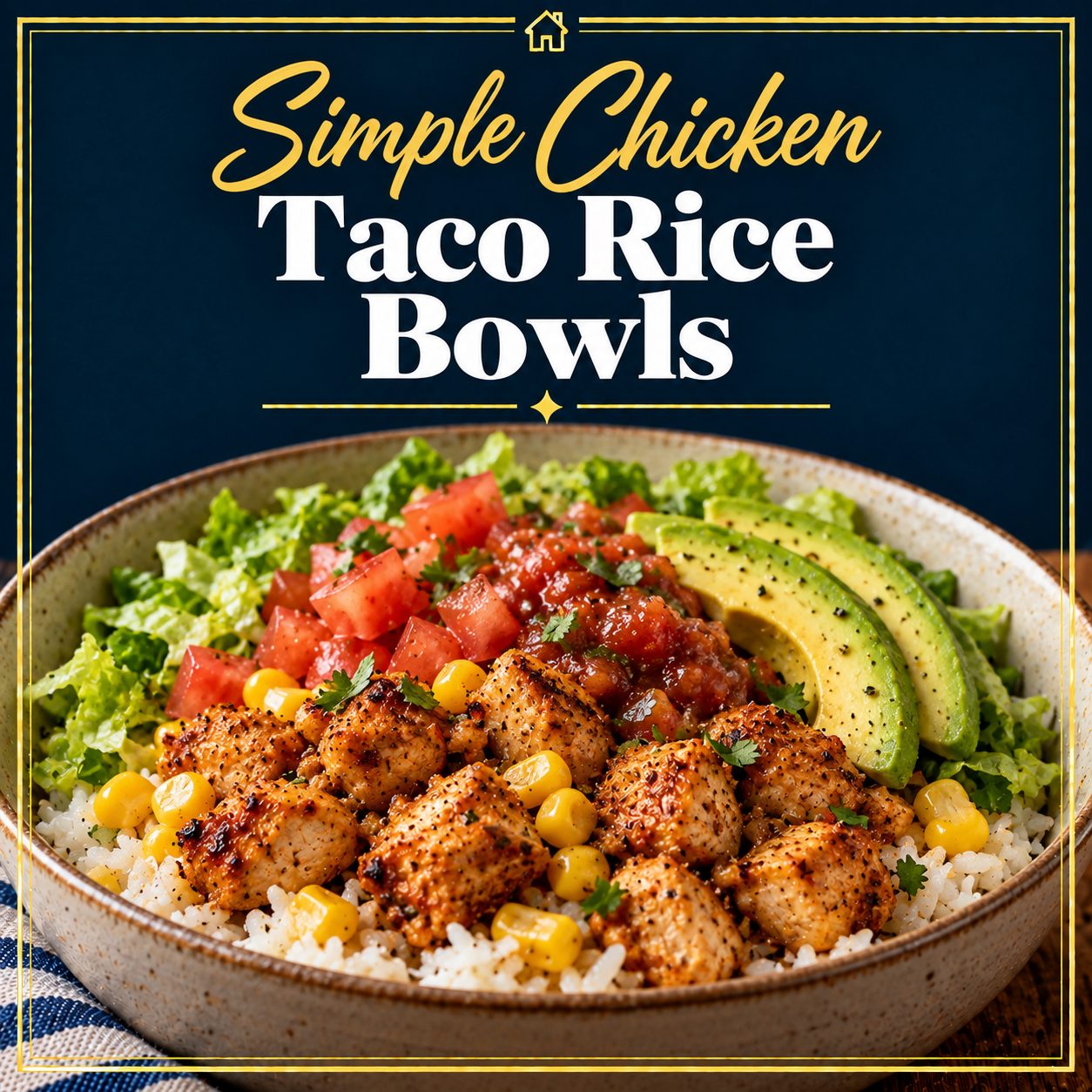 Chicken taco rice bowl with seasoned chicken, corn, lettuce, tomatoes, avocado and salsa over white rice.