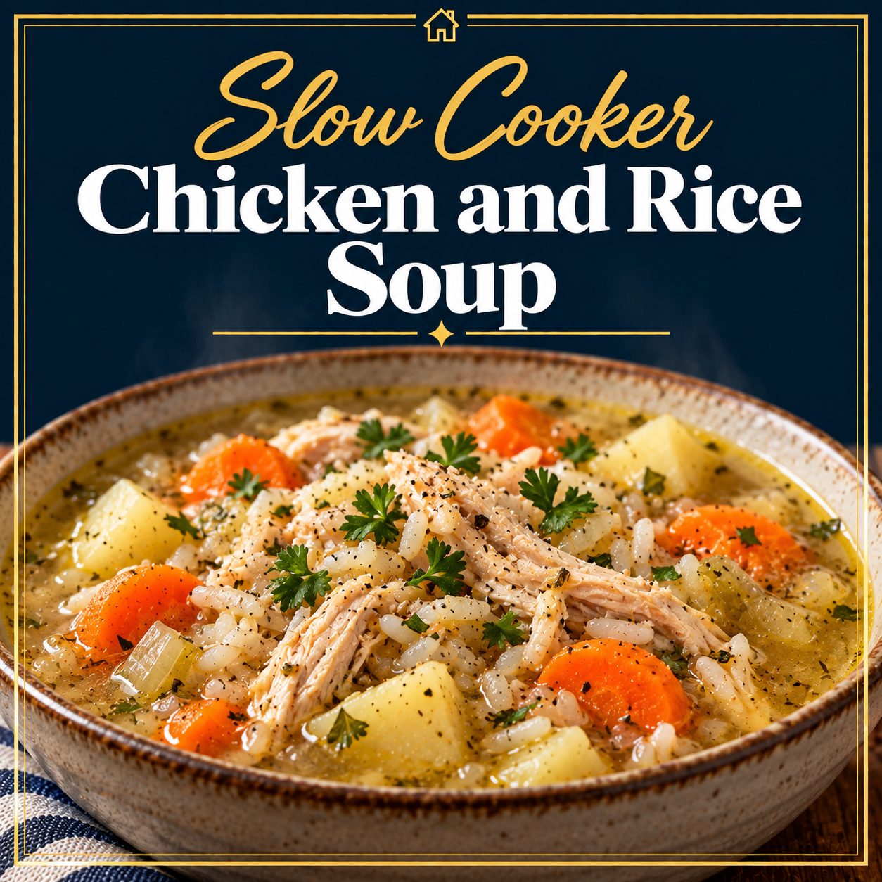 Slow cooker chicken and rice soup with shredded chicken, potatoes, carrots and onions in a golden broth.
