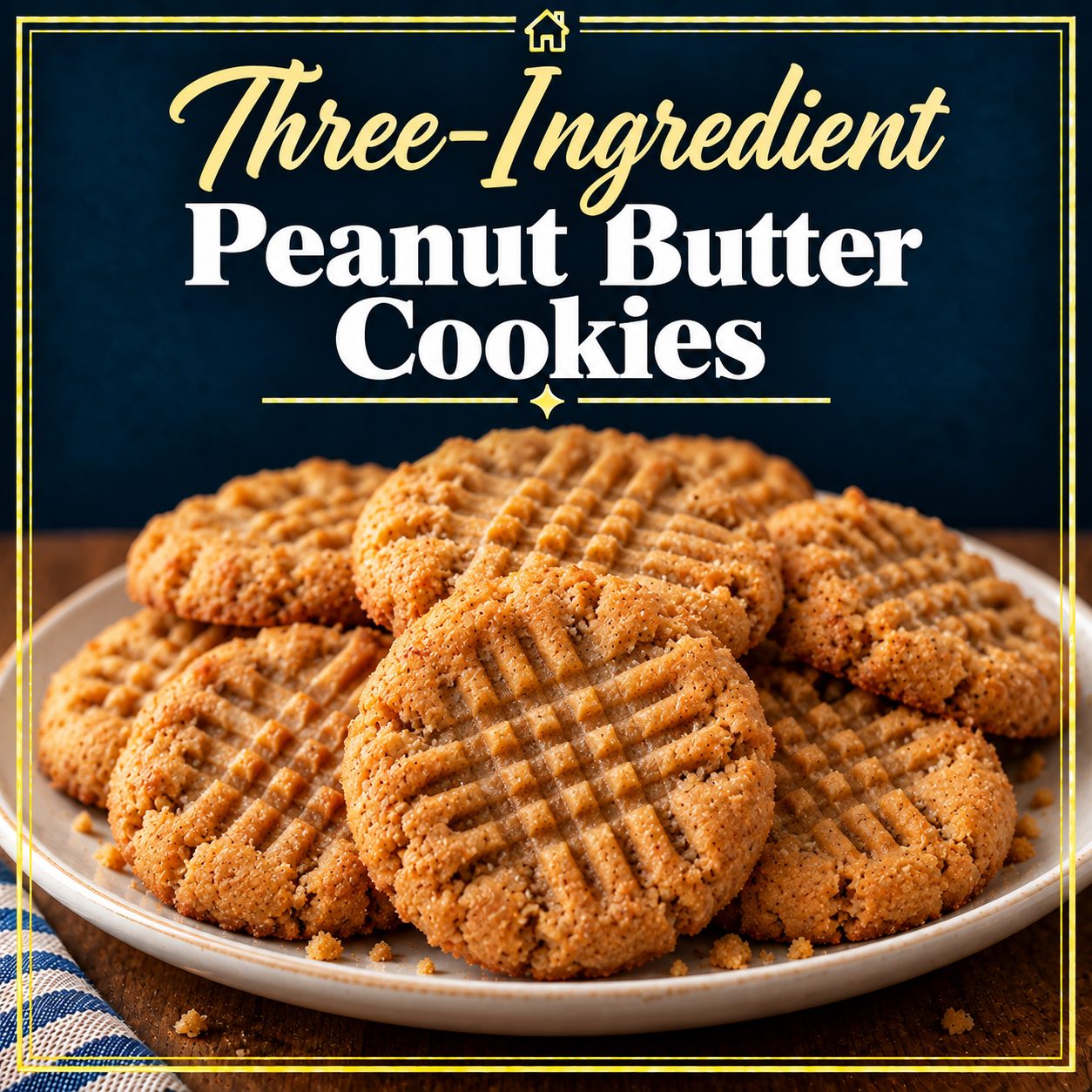 Golden three-ingredient peanut butter cookies with classic fork-pressed crisscross patterns arranged on a plate.