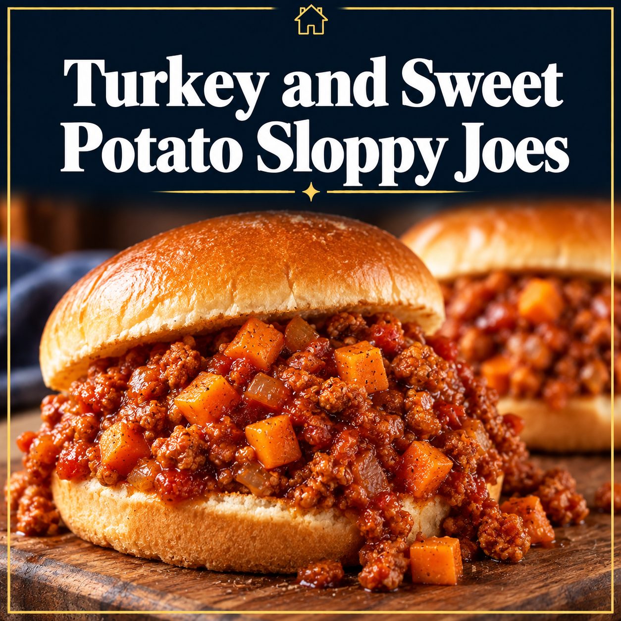 Turkey sloppy joe filling with diced sweet potatoes and tomato sauce piled onto a bun, beneath the recipe title on a navy and gold graphic.