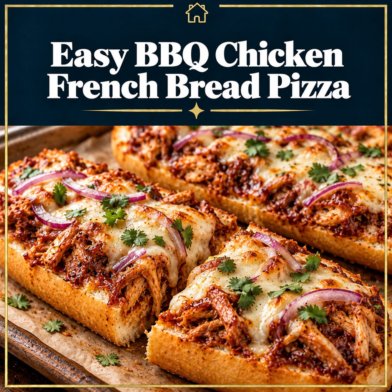BBQ chicken French bread pizza topped with melted mozzarella, red onion, and cilantro, beneath a navy title banner with a gold border.