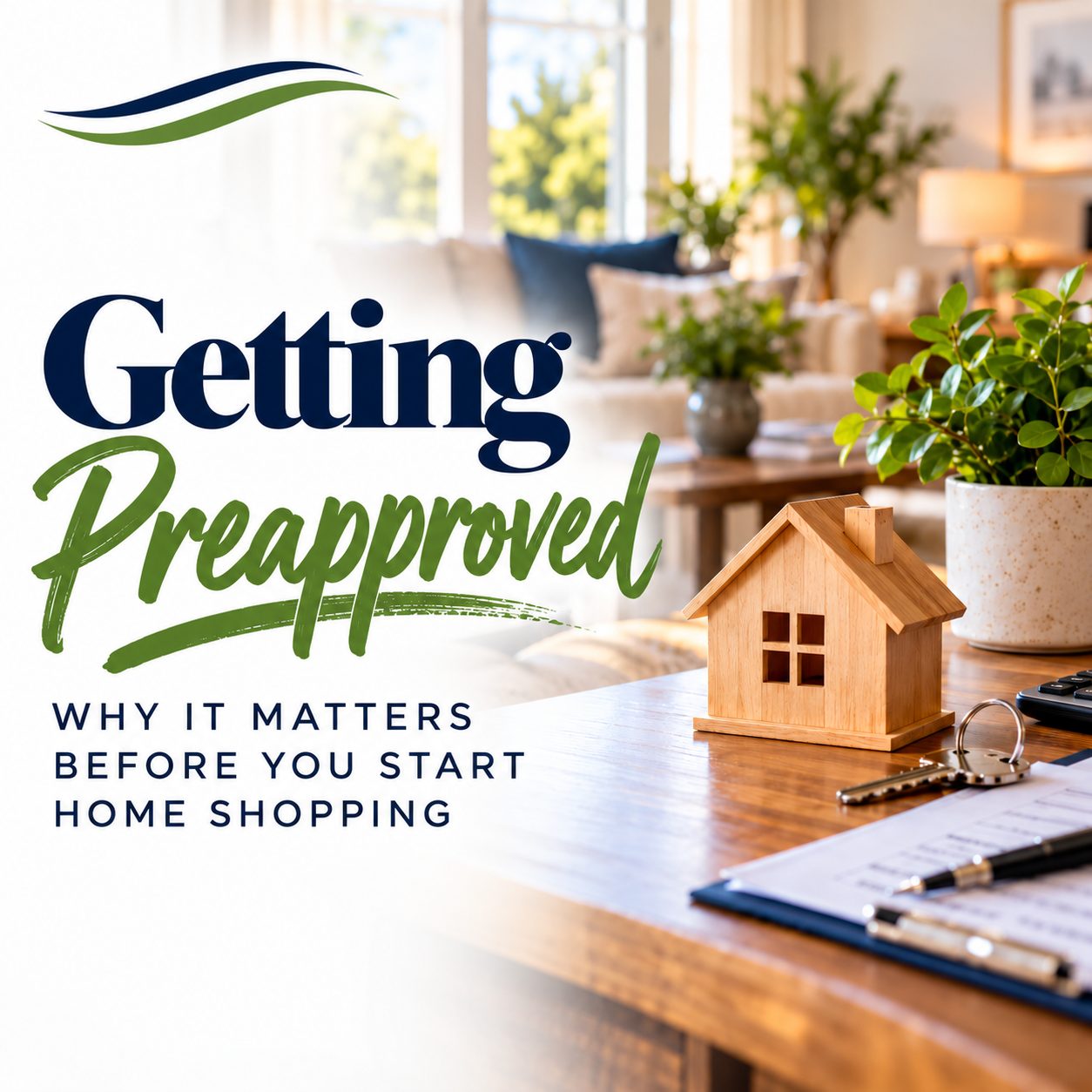 Getting Preapproved graphic featuring a model home, house keys and mortgage paperwork.