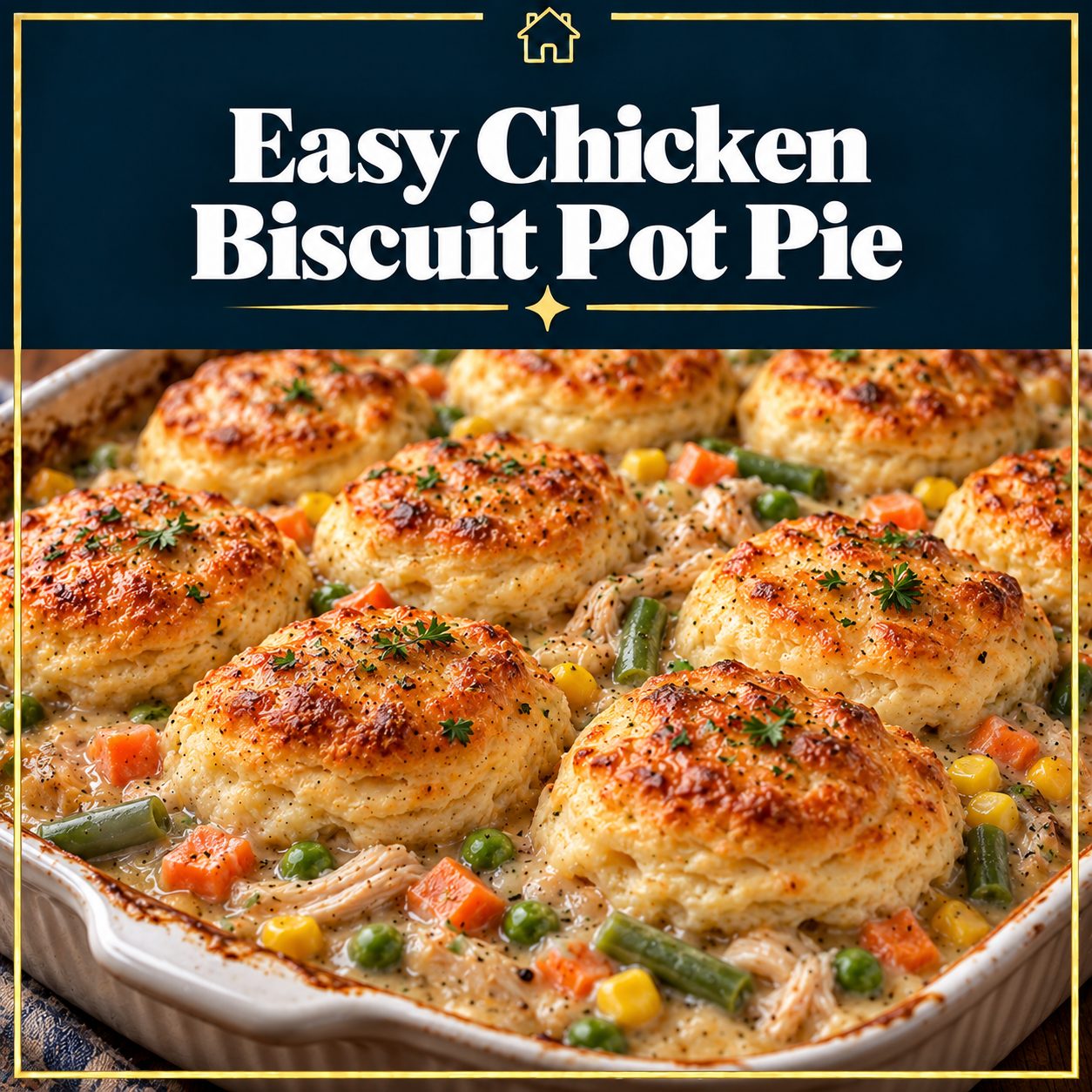 Easy chicken biscuit pot pie with golden biscuits over creamy chicken and mixed vegetables in a white baking dish, framed in navy and gold.