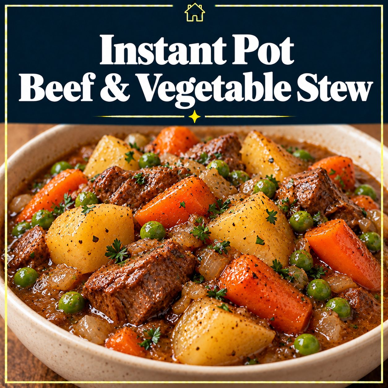 Beef stew with potatoes, carrots, peas, and onions in a cream bowl beneath a navy title banner with a gold border.
