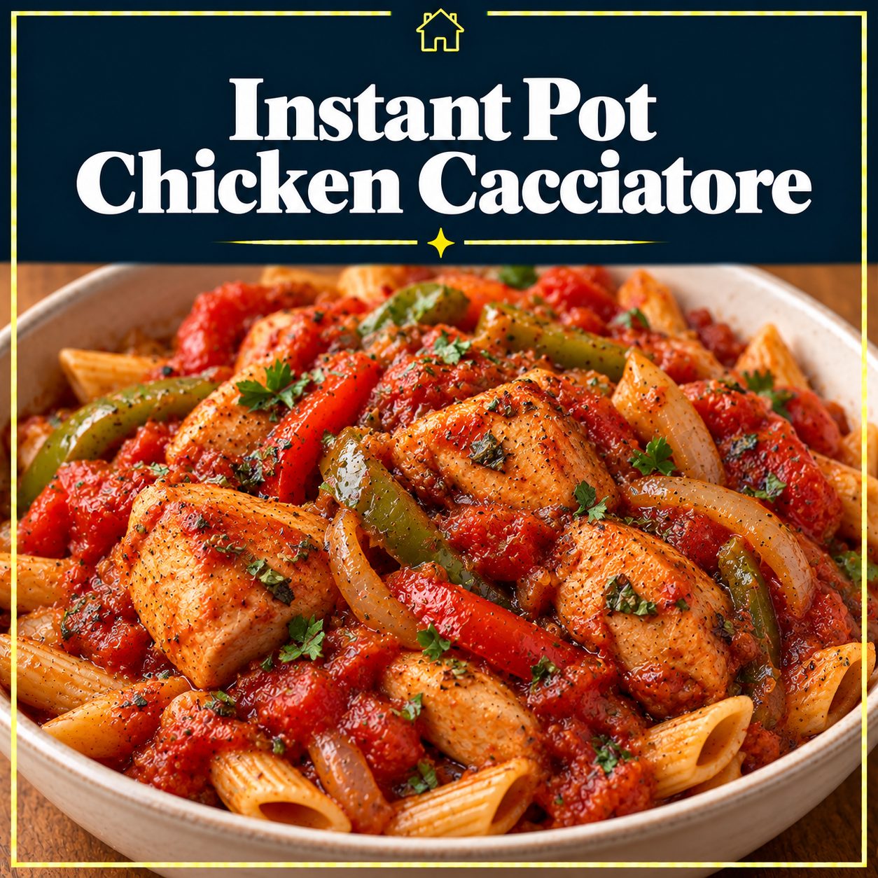 Chicken cacciatore with bell peppers, onions, and tomato sauce over penne pasta beneath a navy title banner with a gold border.