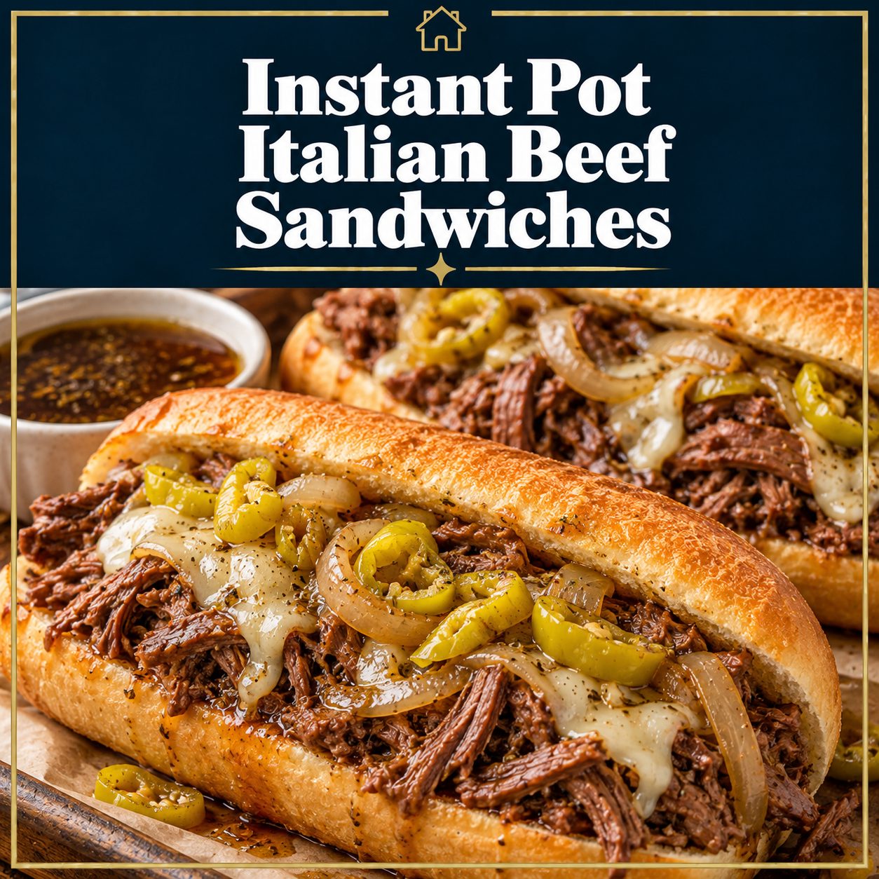 Instant Pot Italian beef sandwiches with shredded beef, melted provolone, onions, and pepperoncini on toasted rolls, beneath a navy title banner with gold accents.