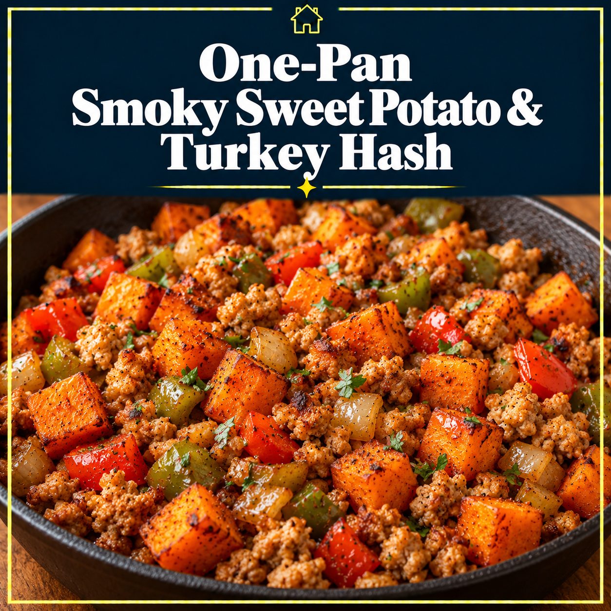 Ground turkey, cubed sweet potatoes, bell peppers, and onions in a skillet beneath a navy title banner with a gold border.