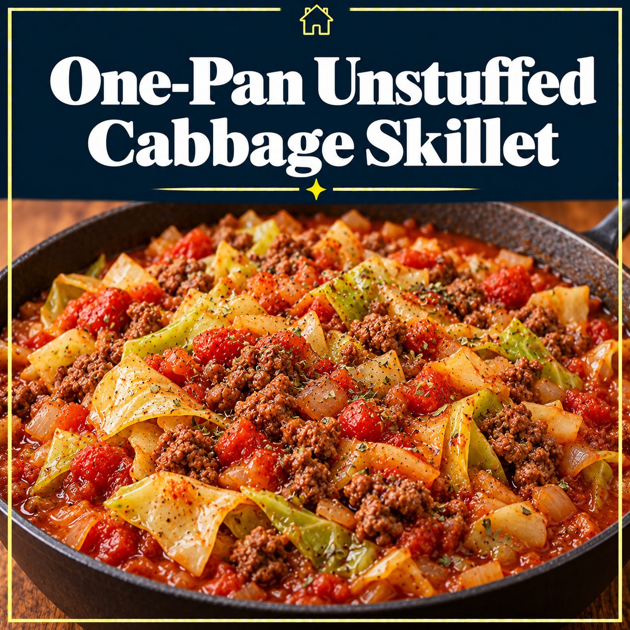 Ground beef, chopped cabbage, tomatoes, and onions in a skillet beneath a navy title banner with a gold border.