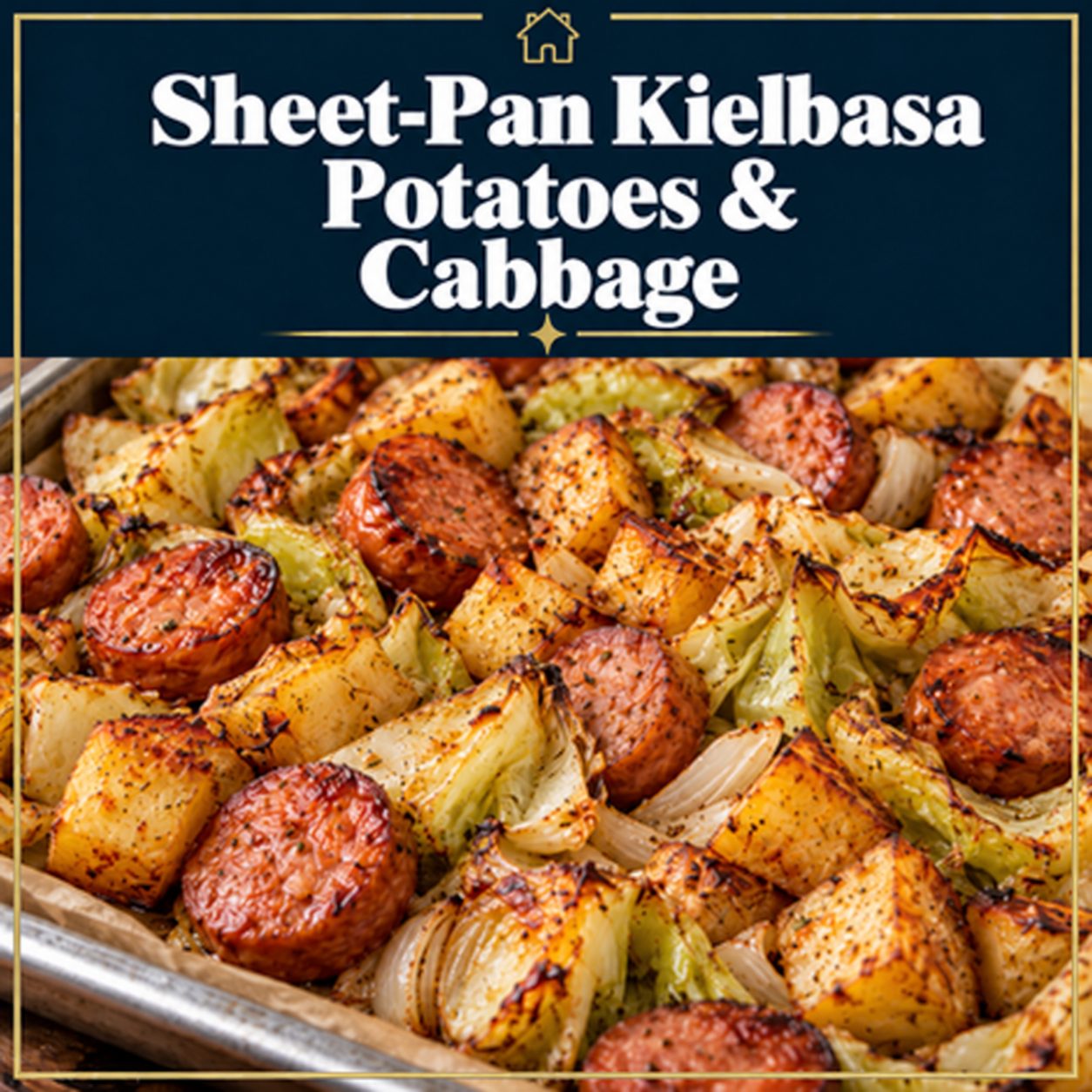 Sheet-pan kielbasa with golden roasted potatoes, cabbage, and onions, topped by a navy recipe title banner with gold accents.