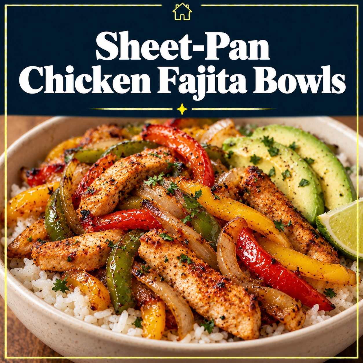Chicken fajita bowl with rice, roasted bell peppers, onions, avocado, and lime beneath a navy title banner with a gold border.