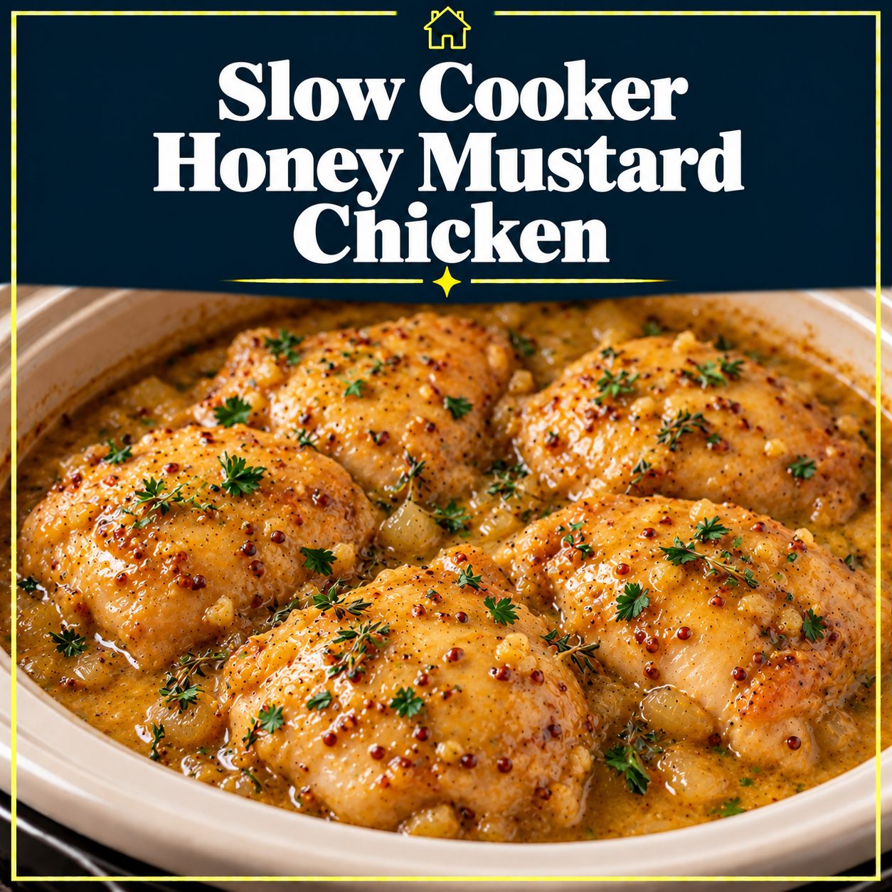 Slow cooker honey mustard chicken in a golden sauce with herbs, beneath a navy banner reading “Slow Cooker Honey Mustard Chicken,” framed by a yellow border.