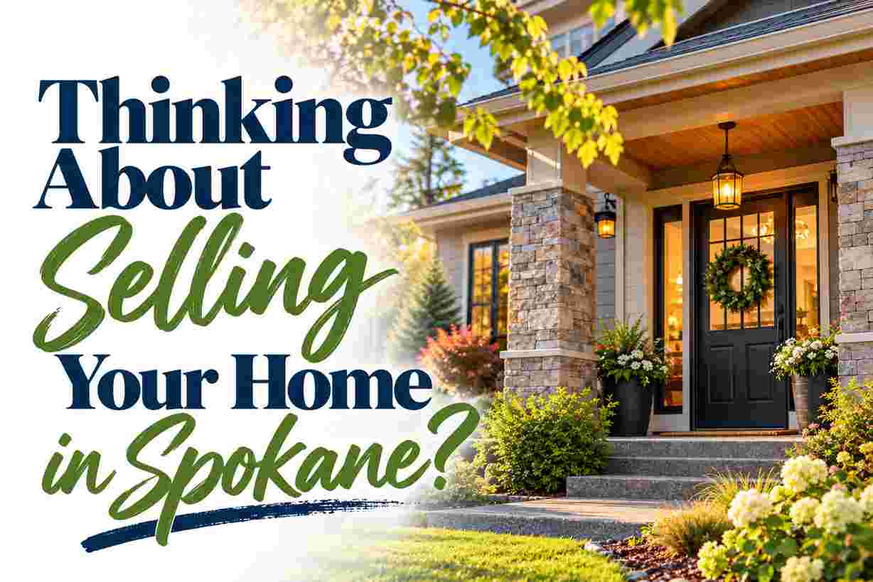 Real estate blog graphic featuring a welcoming home entrance with landscaping and the title “Thinking About Selling Your Home in Spokane?”