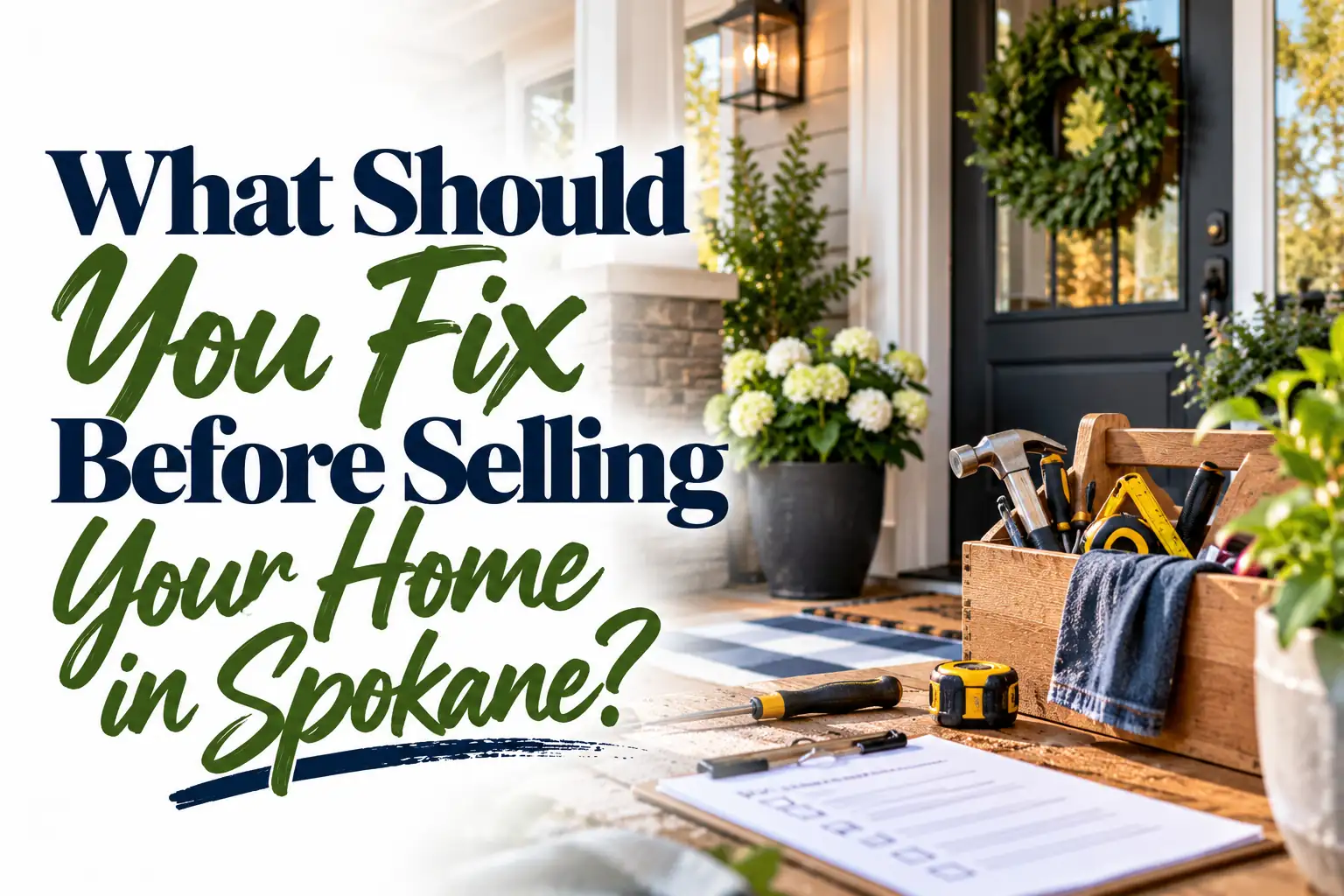 Spokane home entrance with a toolbox and repair checklist, illustrating what homeowners should fix before selling their house.