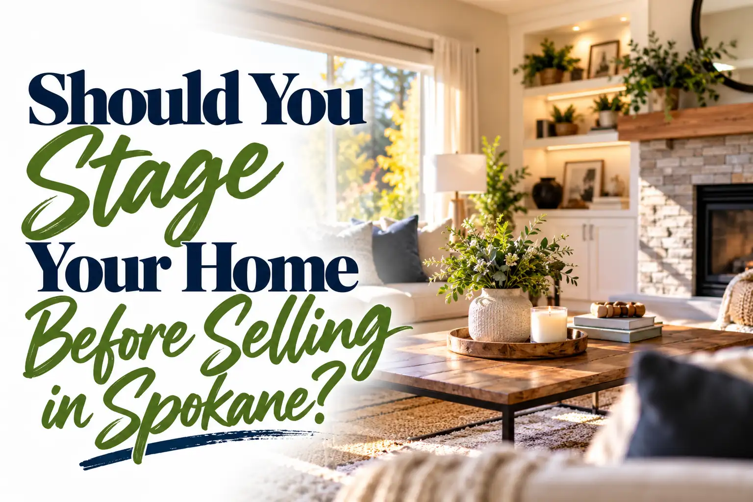 Bright, professionally staged living room with neutral furniture and inviting décor, featured in a Spokane home staging guide by Realtor Ronda Swanson.