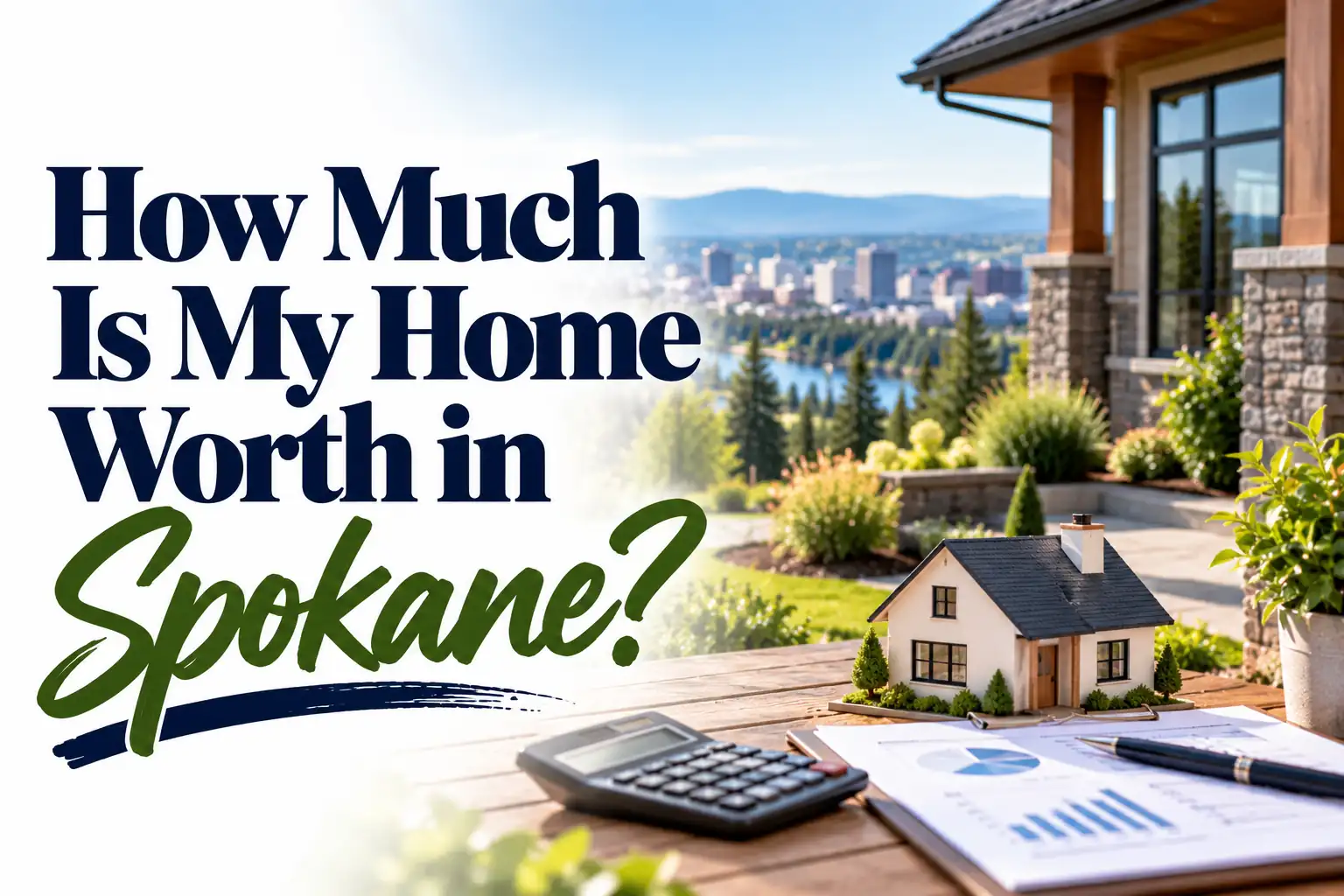 Graphic asking “How Much Is My Home Worth in Spokane?” featuring a model house, calculator, property valuation charts, and a residential home overlooking the city.